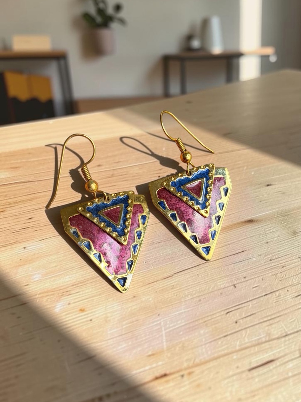 Vintage Edgar Berebi Gold Plated Red and Navy Triangle Drop Earrings